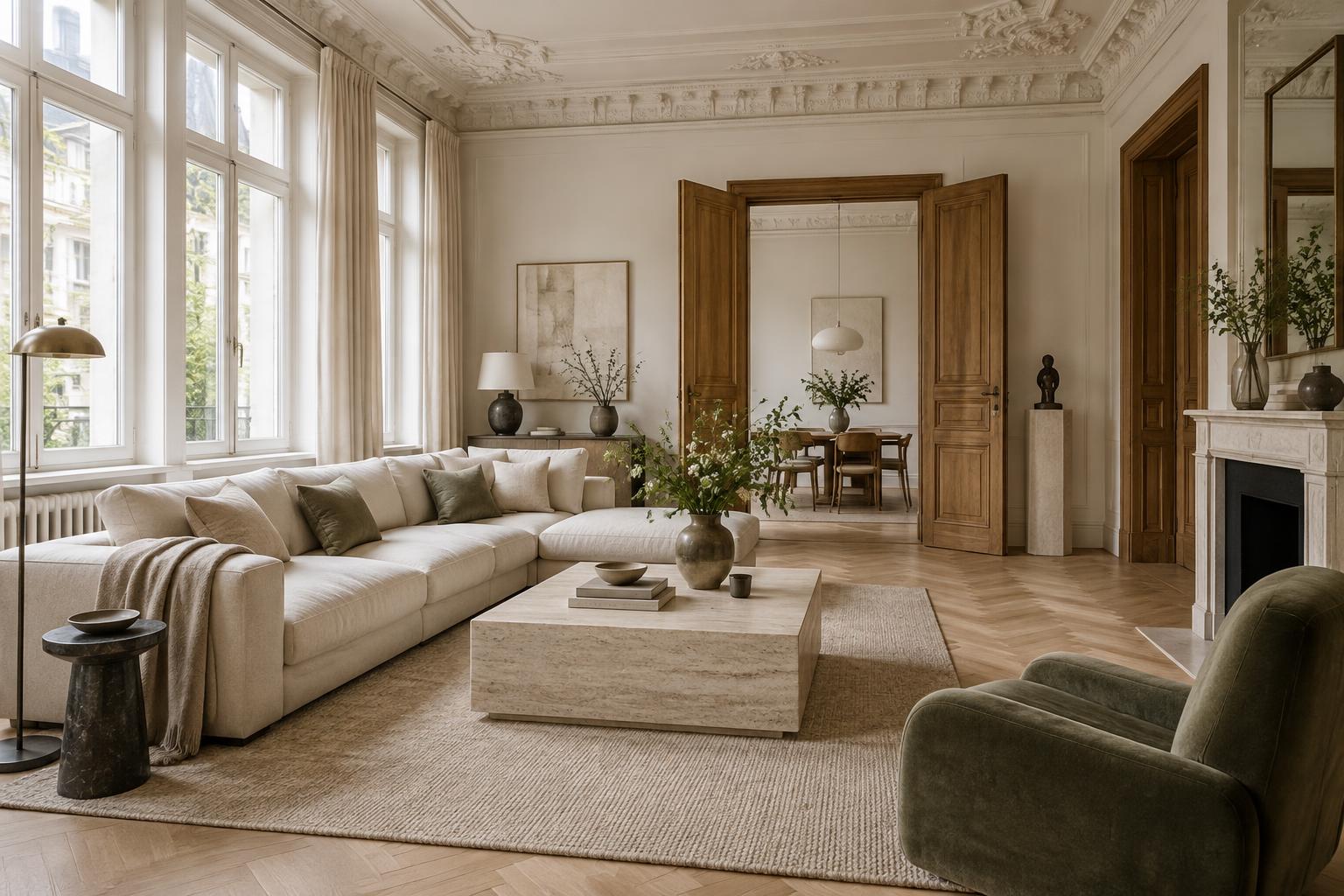 Eleganter Altbauwohnraum mit hohen Fenstern und natürlichem Licht
